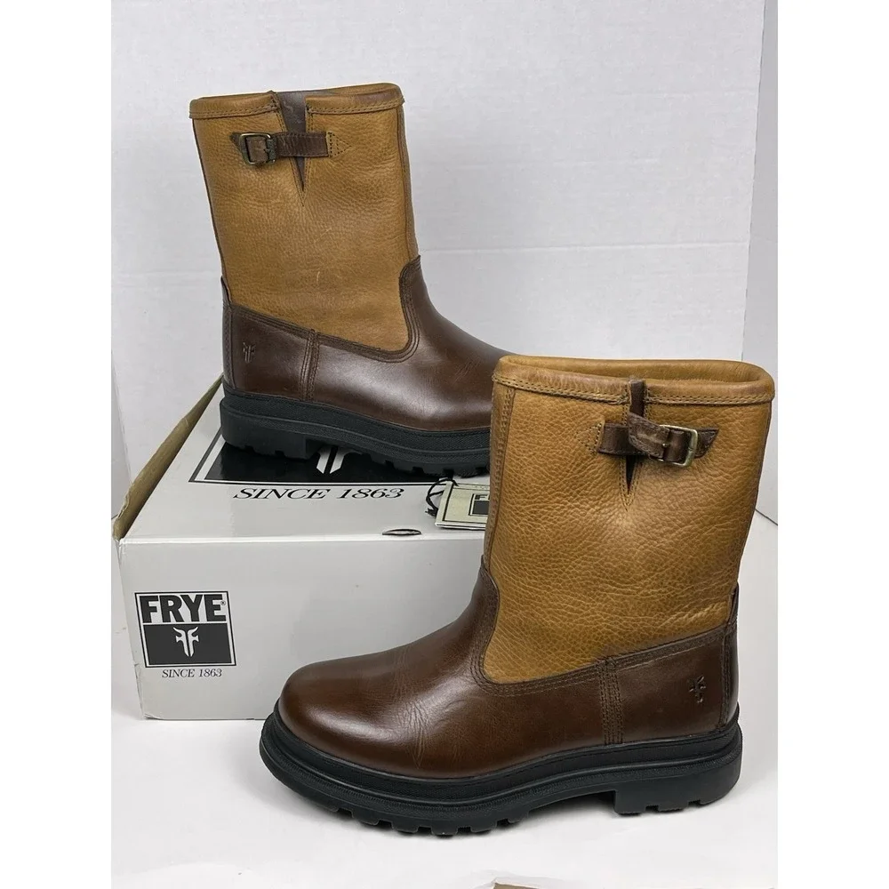 Frye Riley Pull-On Boots Mens 7.5 Espresso Leather Shearling Lined Lug‎ Sole NEW